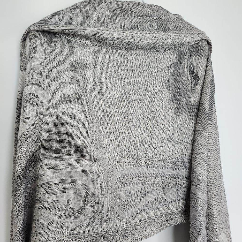 Gray Paisley Patterned Scarf Wrap Shawl Cleo Tassels Long Soft Minimalist